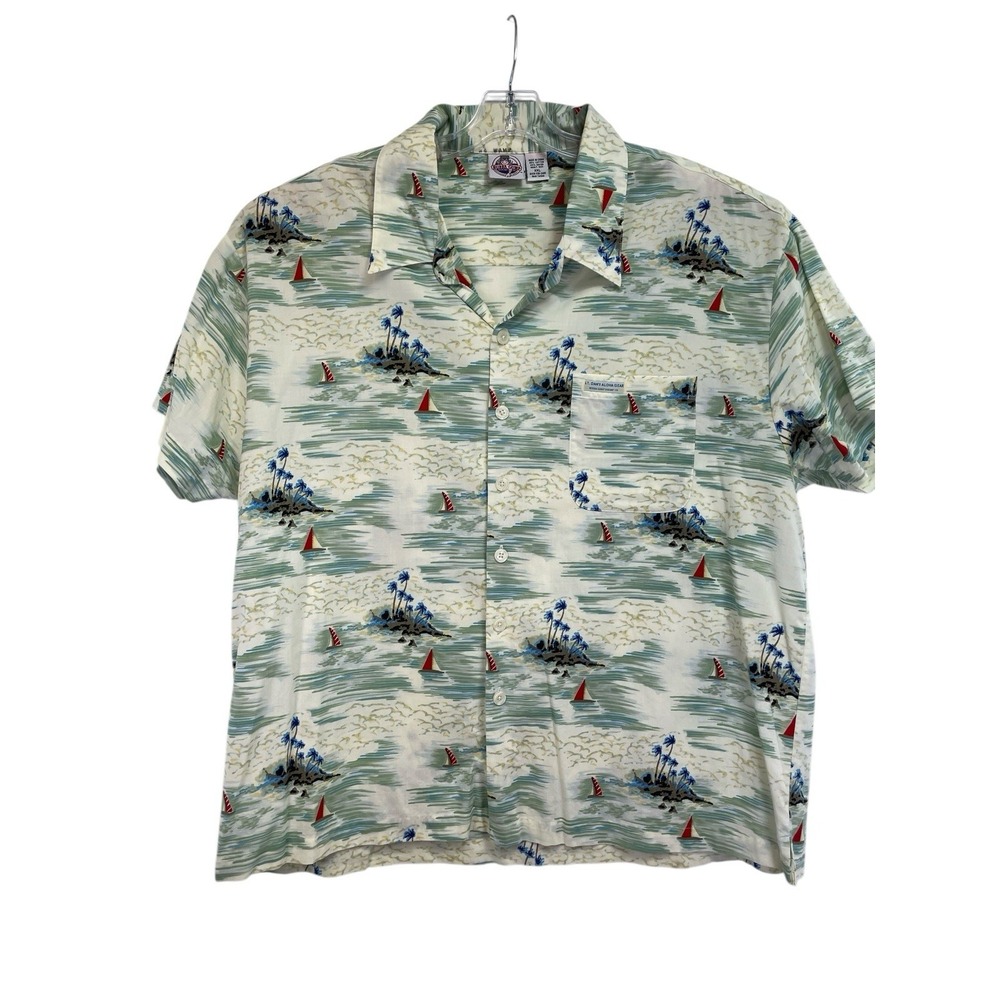 BUBBA GUMP LT. DAN SHRIMP CO. HAWAIIAN SHIRT‎ XXL CREAM GREEN ISLAND PALMS (Z6)